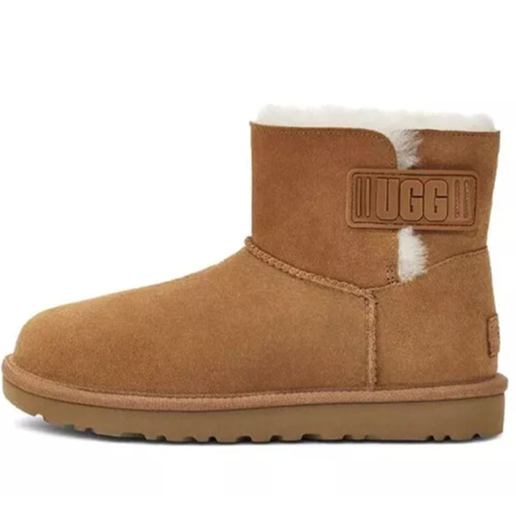 NEW UGG Mini Bailey Logo Strap Boots Chestnut Sz 7 Women's Fur 1123621 - Picture 2 of 6